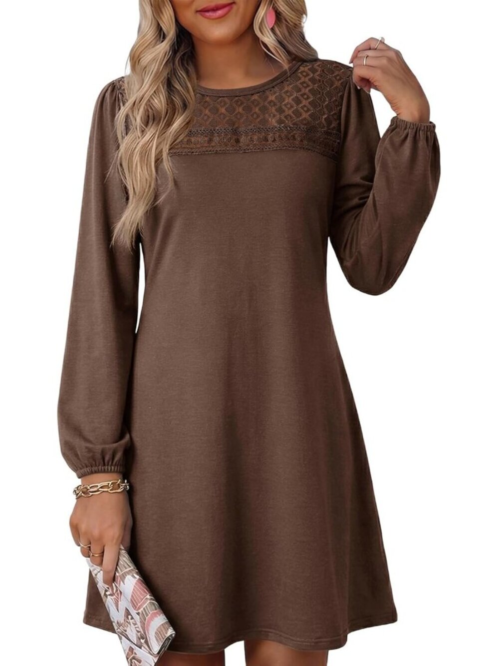 〽️Coffee Brown Babydoll Mini Dress Long Sleeve A Line Casual Fall Dress